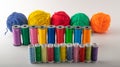 Multicolored threads, scissors and ruler. Royalty Free Stock Photo