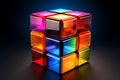 multicolored three dimensional cube made from four different types of materials