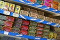 Multicolored tins of canned fish in Lisbon, Portugal