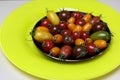 multicolored tomatoes on a yellow plate