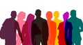 Multicolored transparent silhouettes of men and women, a group of standing business people. Isolated vector illustration Royalty Free Stock Photo