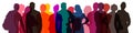 Multicolored transparent silhouettes of men and women, a group of standing business people. Isolated vector illustration Royalty Free Stock Photo