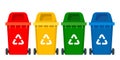 Multicolored trash bins with recycling symbols for e-waste, plastic, metal, glass, paper, organic trash. Vector illustration Royalty Free Stock Photo