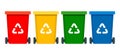 Multicolored trash bins with recycling symbols for e-waste, plastic, metal, glass, paper, organic trash. Vector illustration