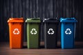 Multicolored trash cans with recycle symbols on them on wooden background. Eco recycling concept. AI generated