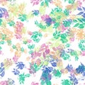 Multicolored tree branches with leaves on the white background. Seamless pattern