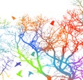 Multicolored silhouette of trees with flying birds . Vector illustration Royalty Free Stock Photo