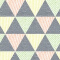 Multicolored triangle faux patchwork design with hand drawn drop texture. Seamless vector pattern