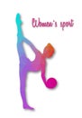 Multicolored triangular female silhouette doing rhytmic gymnastics exercises with ball. Women`s sports