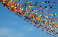Multicolored triangular small flags to celebration party against blue sky.Street holiday concept with space for text.