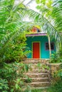 Multicolored tropical house in the tropical nature of La digue, Seychelles