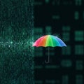 A multicolored umbrella floats against a backdrop of vertical lines of binary code, Royalty Free Stock Photo