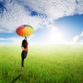 Multicolored umbrella woman jumping in green rice field and sun sky Royalty Free Stock Photo
