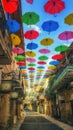 Multicolored umbrellas above a street in Jerusalem