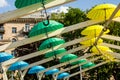 Multicolored umbrellas over the street in Kyiv. Ukraine