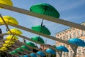 Multicolored umbrellas over the street in Kyiv. Ukraine