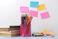 Multicolored various notes or sticky post-it. Workplace Royalty Free Stock Photo