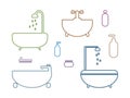 Multicolored vector illustration of the contours of items for the bathroom. Minimalistic bath, shower, hygiene items. Royalty Free Stock Photo