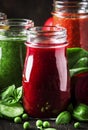 Multicolored vegan vegetable juices and smoothies from tomato, carrot, pepper, cabbage, spinach, beetroot in glass bottles on Royalty Free Stock Photo