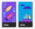 Multicolored vibrant brochures. Illustration with fish, clouds and a ship in the rain.