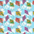 Multicolored vibrant kites watercolor seamless pattern with blue sky and white clouds