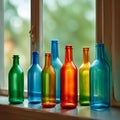 Multicolored vintage glass bottles sitting on the window sill Royalty Free Stock Photo