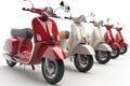 Multicolored vintage scooters isolated on white background. Rental scooter concept. Generative AI