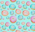 Multicolored watercolor donuts. Seamless pattern.