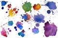 Multicolored watercolor splash texture blots background isolated. Grunge hand drawn blob, spot and droplets. Watercolour splatter Royalty Free Stock Photo