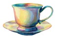 Multicolored watercolor tea cup and saucer isolated on white. Royalty Free Stock Photo