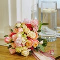 Multicolored wedding bouquet with silken ribbons Royalty Free Stock Photo