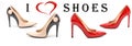 Multicolored women`s shoes with high heels standing in a row on a white surface with a red rose,Text I love shoes written in the