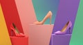 Multicolored women's shoes on a pedestal. 3D rendering illustration.