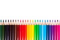 Multicolored wooden pencils in rainbow shades in line on a white isolated background mock up, horizontal