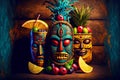 Multicolored wooden tiki mask to tropical cocktails in Tahiti