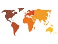 Multicolored world map divided to six continents in different colors - North America, South America, Africa, Europe