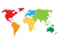 Multicolored world map divided to six continents in different colors - North America, South America, Africa, Europe