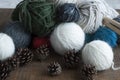 Multicoloured balls of wool, wood knitting needles Royalty Free Stock Photo