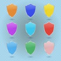 Multicoloured glass shields collection isolated on transparent background. Acrylic and silver protective buckler set.