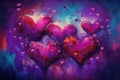 Multicoloured hearts background, vibrant painted effect.