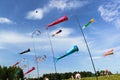 Multicoloured kites fly in the blue windy sky Royalty Free Stock Photo