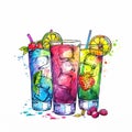 Multicoloured lemonade in glass with lemon slices and mint leafs and ice on white background