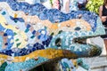Multicoloured mosaic dragon fountain in the Park Guell. Barcelona, Spain.