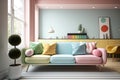 Multicoloured pastel retro sofa with cushions and painting, created using generative ai technology