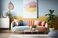 Multicoloured pastel retro sofa with cushions and painting, created using generative ai technology