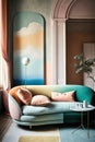 Multicoloured retro pastel sofa with cushions and painting, created using generative ai technology