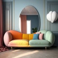 Multicoloured retro sofa with cushions and mirror, created using generative ai technology