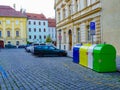 Multicoloured Trash boxes for different garbage sorting and recycling in Prague