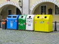 Multicoloured Trash boxes for different garbage sorting and recycling in Prague (On boxes writed \