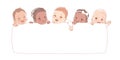 Multicultural babies hold a blank board. Cute little baby on a white background. Show a blank poster for text entry.